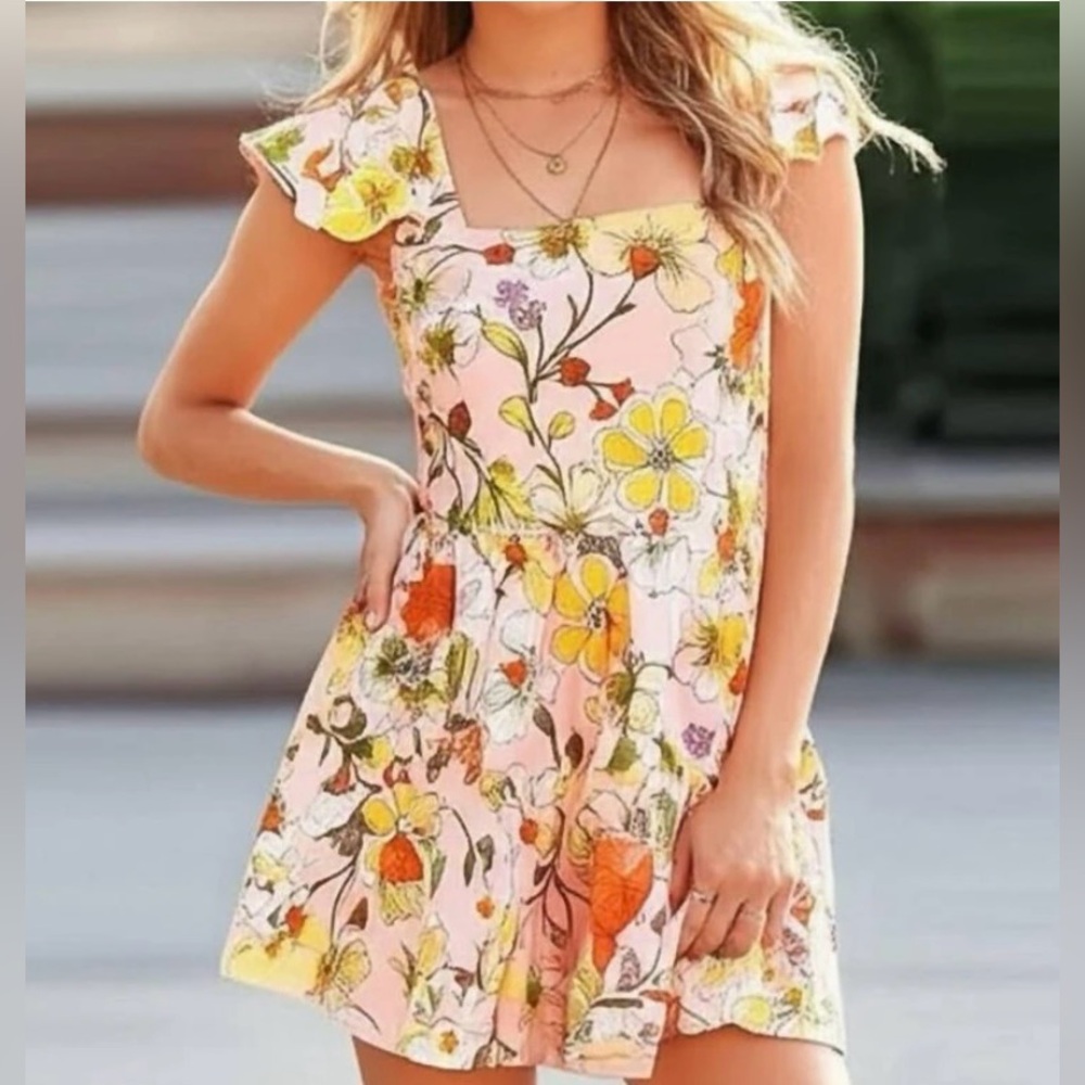 BOG/Lottie & Holly Girlhood Core Pastel Pink Floral Flare Mini Dress NWT L